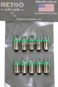 10 Pack, Green Pinball 6.3 Volt AC LED Round Replacement Bulbs 44/47 Bayonet Base BA9S, Concave Top