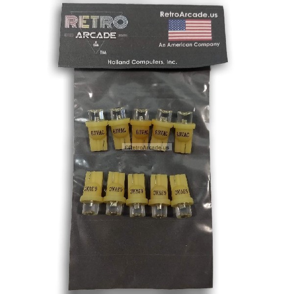 RetroArcade.us ra-pb-led-t10-y-cc-10pk 10 Pack Pinball Replacement Bulb led 6.3 Volt ac 555 Clear Wedge Base t10 Yellow concave 